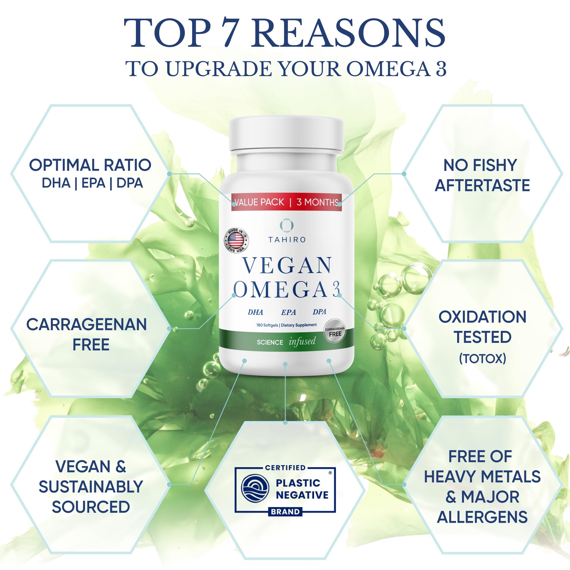 Capsulas veganas Tahiro Omega-3 en mano, faciles de tragar para uso diario.