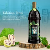 Tahitian Noni: mezcla de arándano y uva en botella, sabor afrutado.