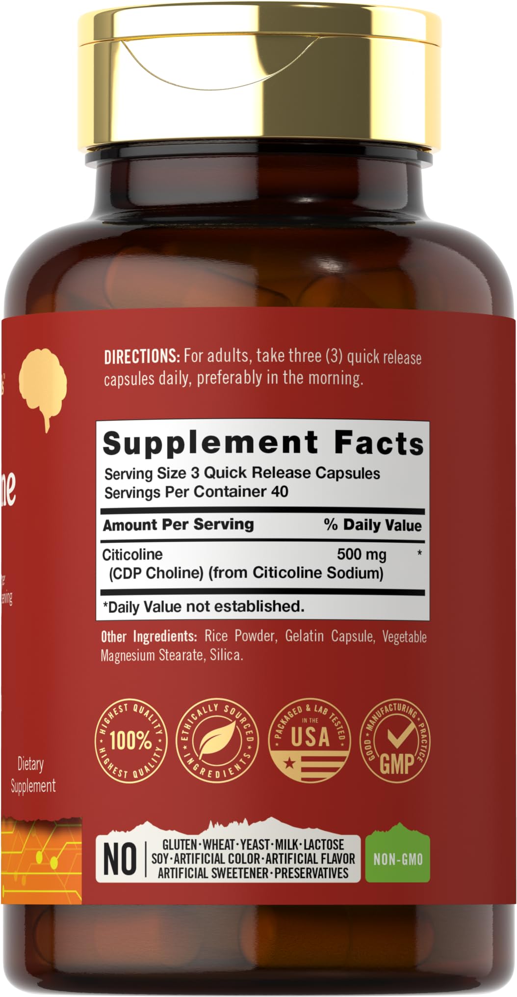 Tahoe Nutritionals citicolina 500 mg en botella, toma diaria práctica.