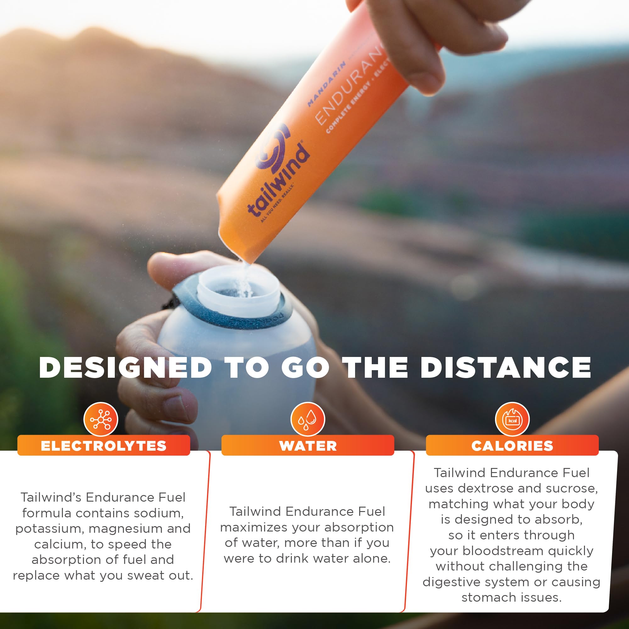 Tailwind Nutrition Endurance Fuel se disuelve en agua, quedando claro y listo para beber.