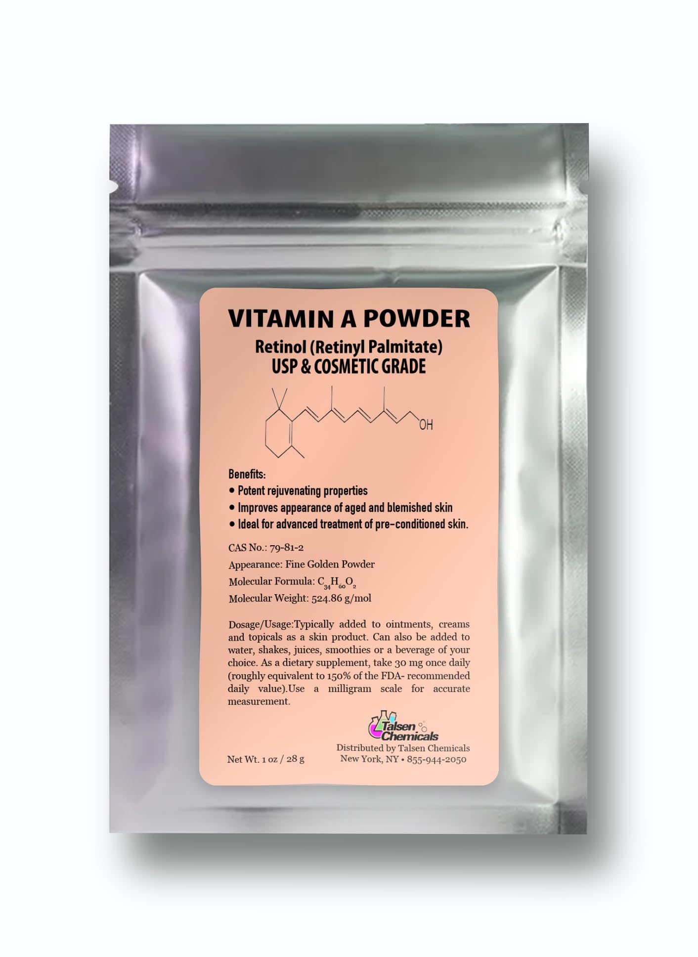 Talsen Chemicals Vitamina A en polvo, bote de 28 g para cosmética.