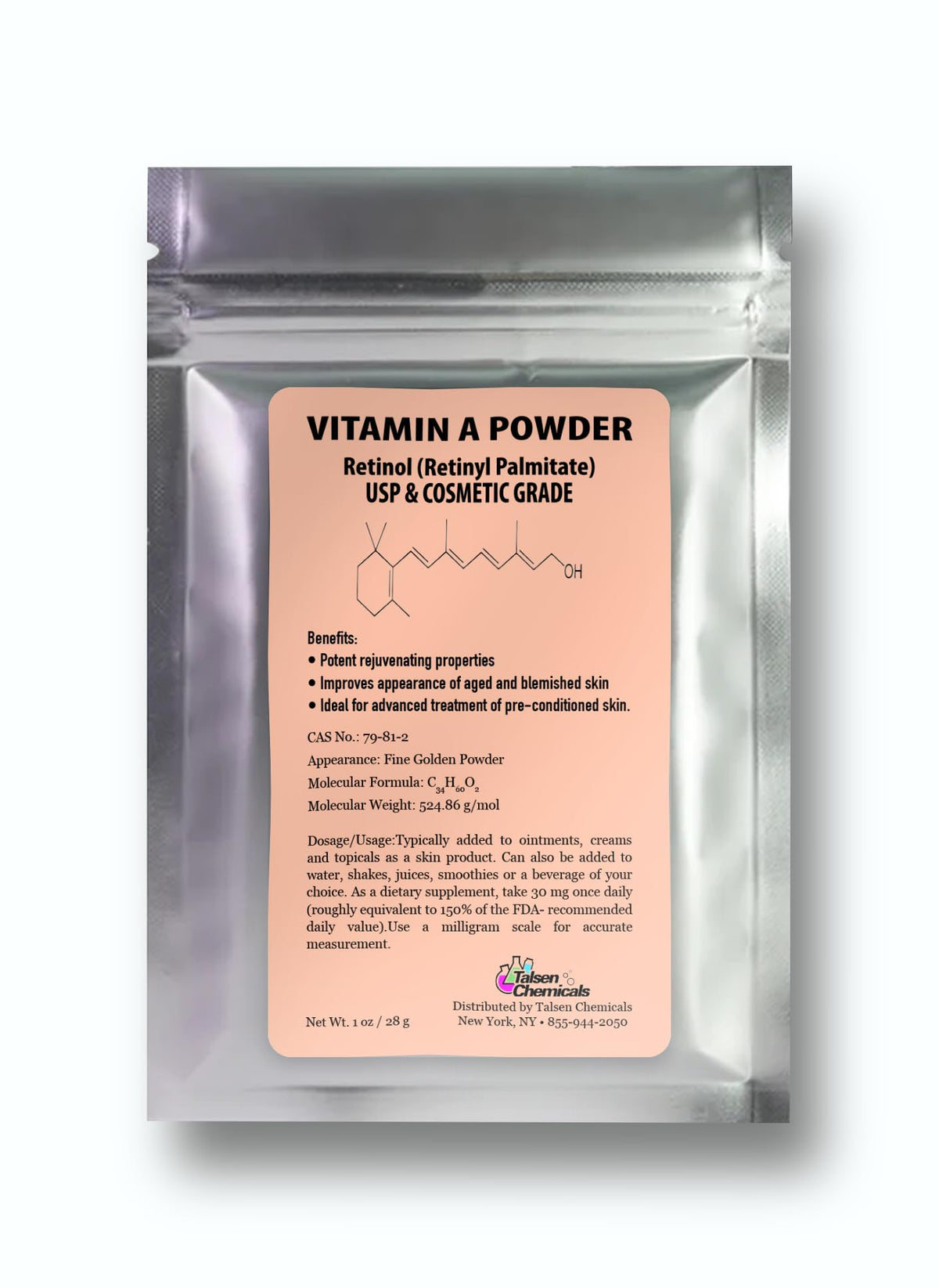 Talsen Chemicals Vitamina A en polvo, bote de 28 g para cosmética.