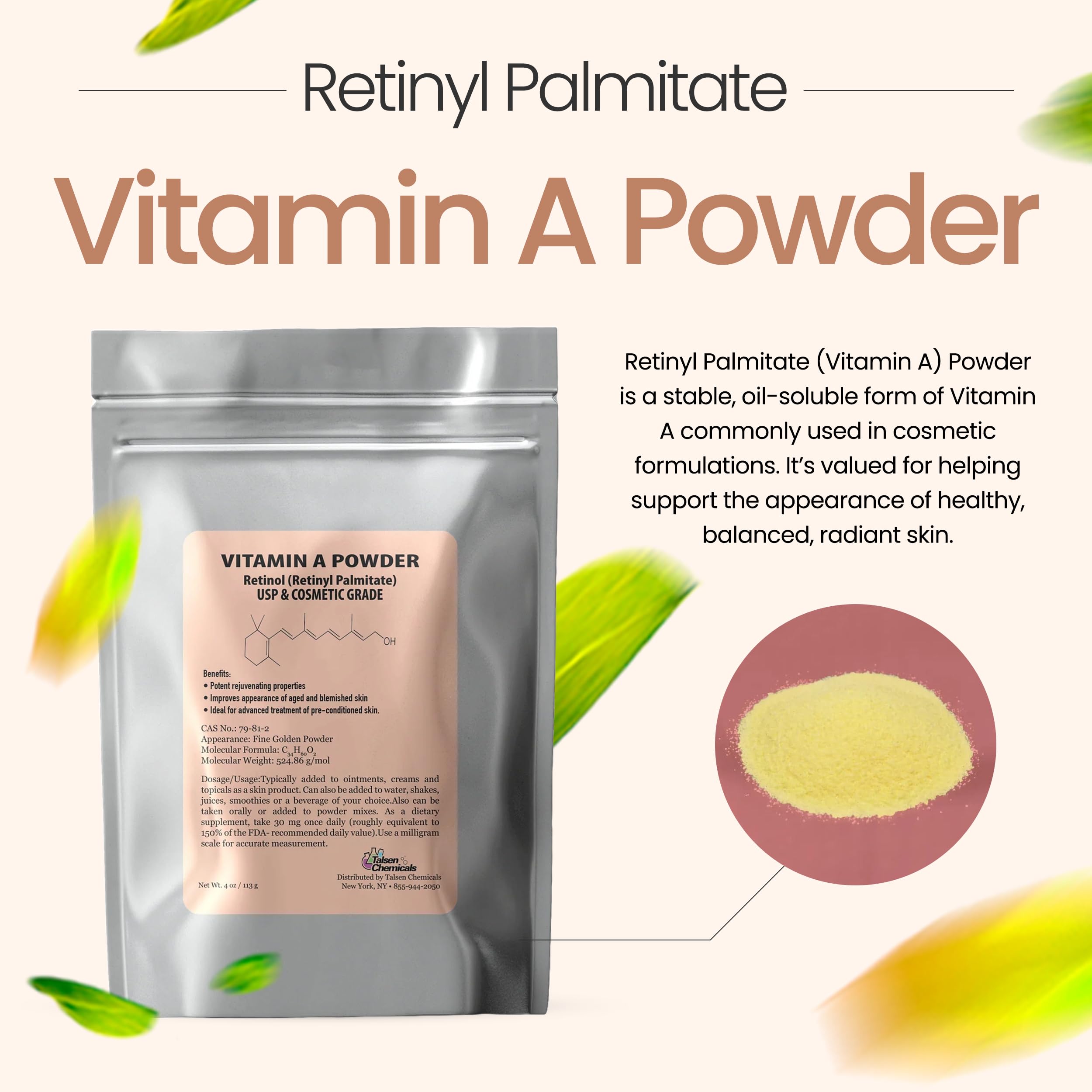 Talsen Chemicals Vitamina A en polvo, ideal para emulsiones faciales.
