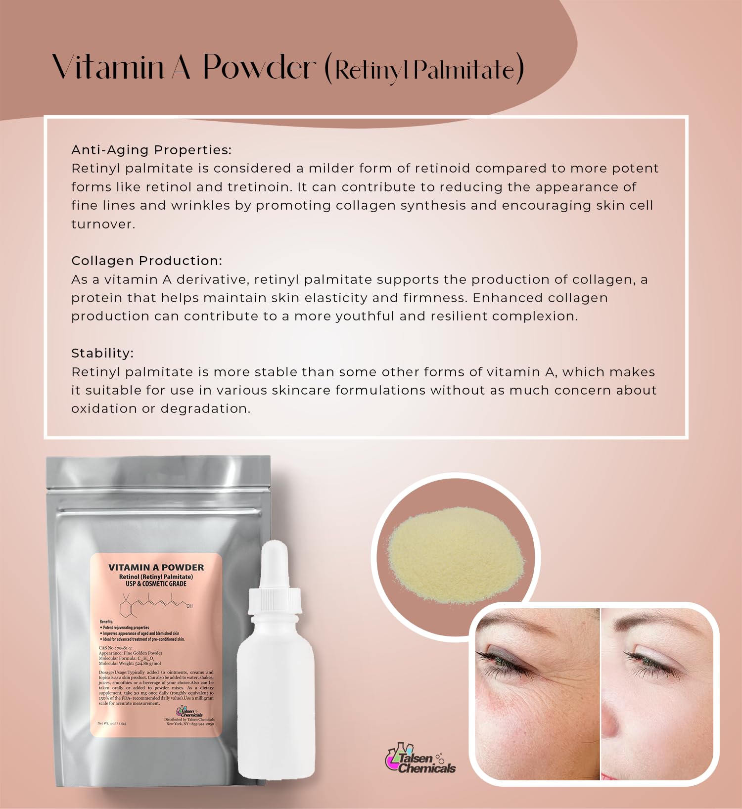 Talsen Chemicals Vitamina A en polvo, textura granulosa para mezclas cosméticas.
