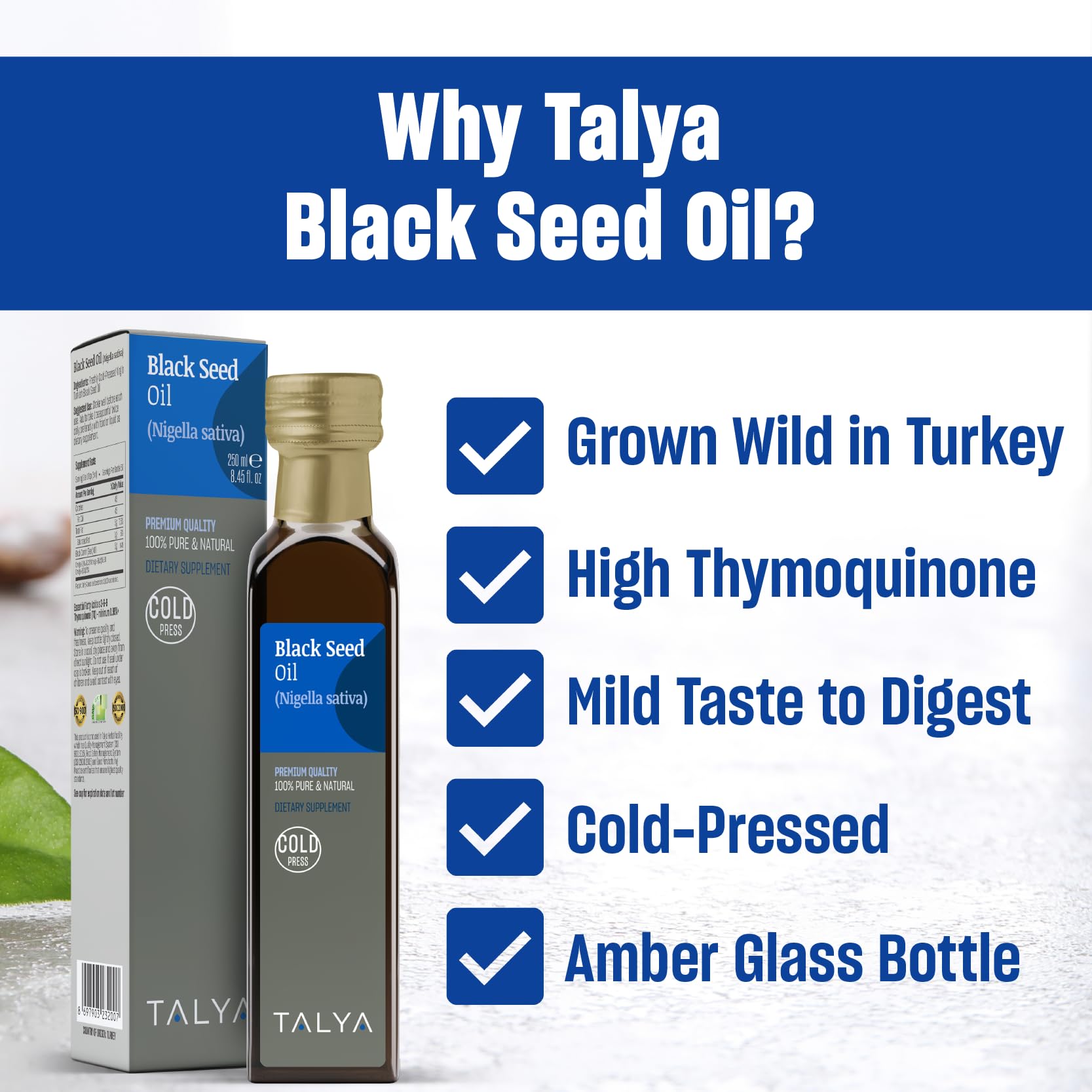 TALYA Aceite de semilla negra, chorro suave para dosificación precisa.
