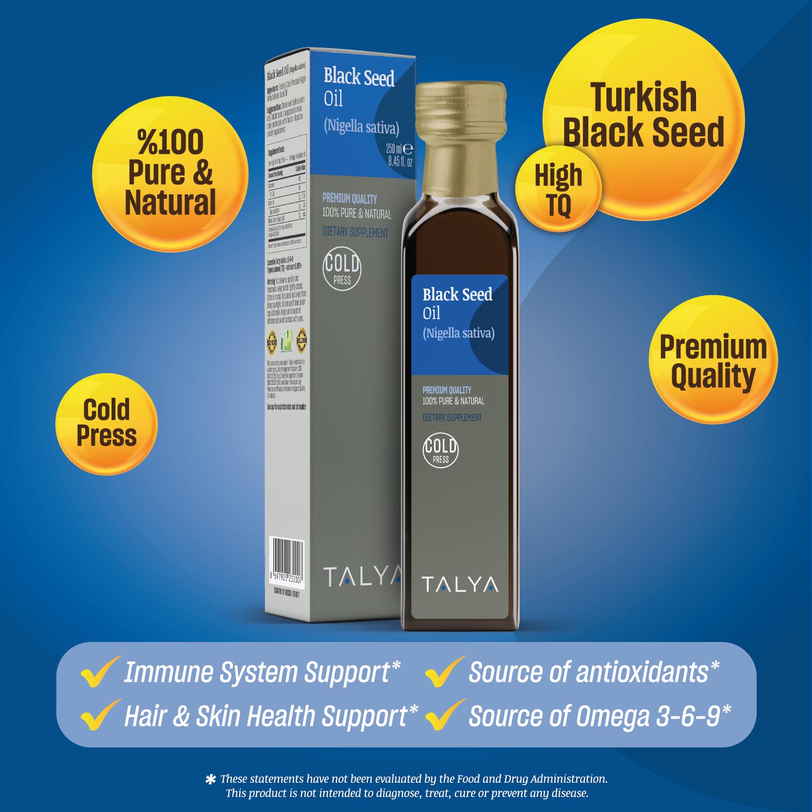 TALYA Aceite de semilla negra, etiqueta clara que transmite calidad y trazabilidad.