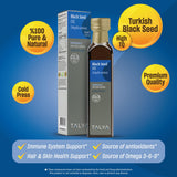 TALYA Aceite de semilla negra, etiqueta clara que transmite calidad y trazabilidad.