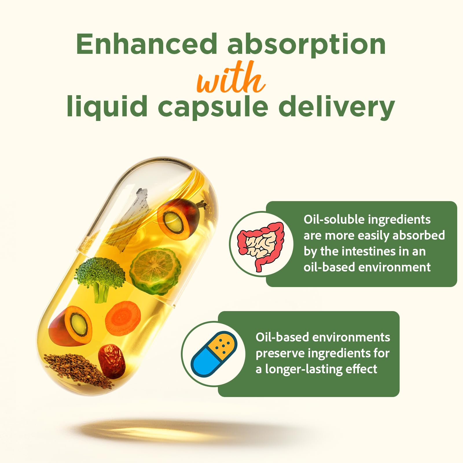 Base de aceite MCT en cápsulas, favorece disolución rápida.