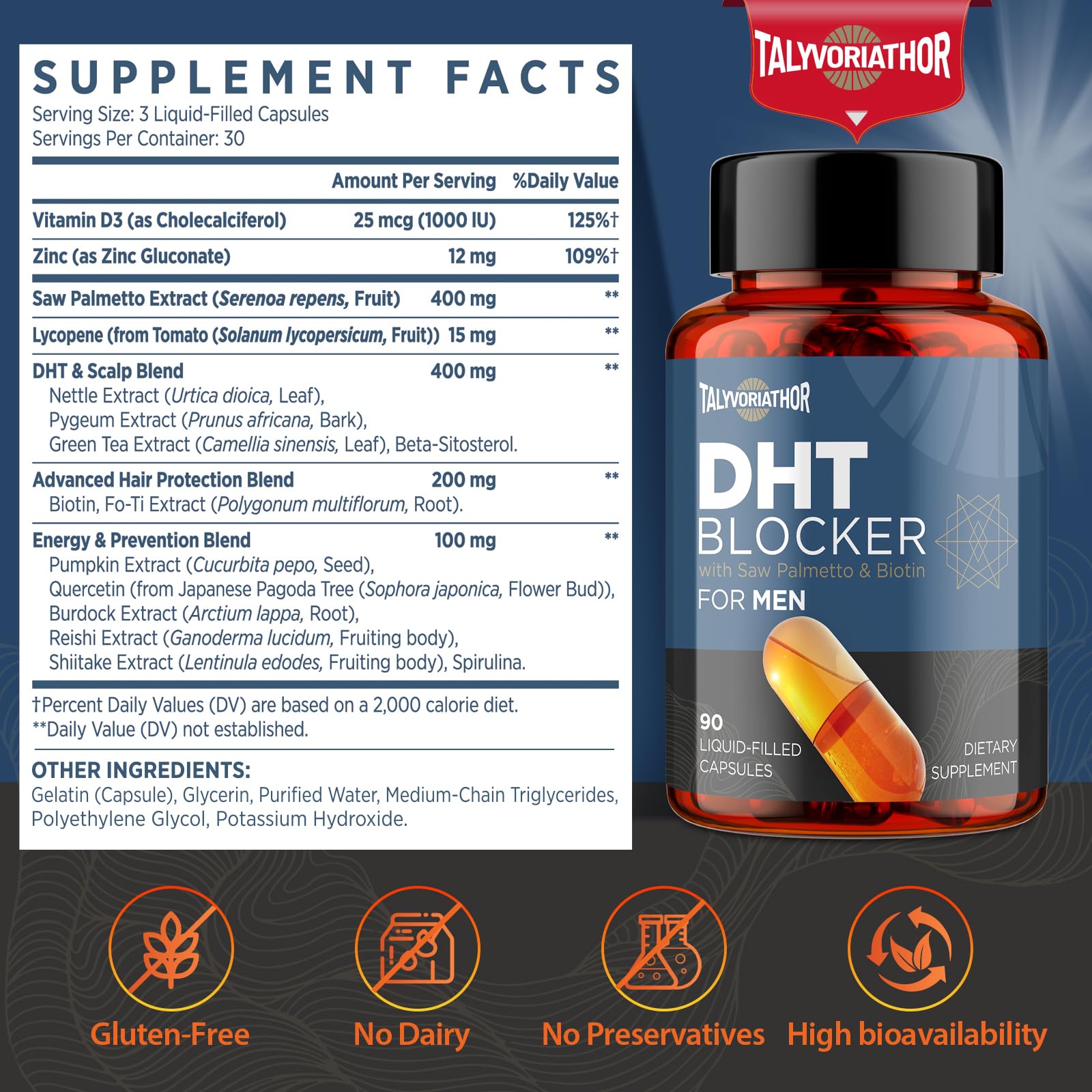 Envase de Talyvoriathor DHT Blocker con cápsulas líquidas para uso diario.