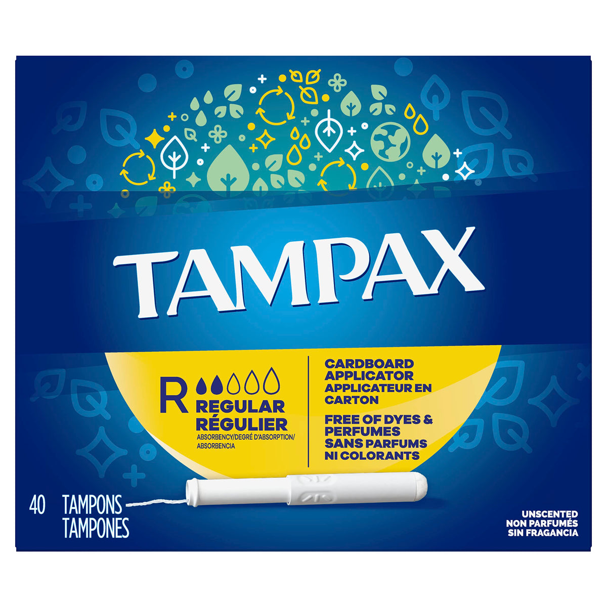 Tampax Cardboard Regular con aplicador de cartón para inserción suave.