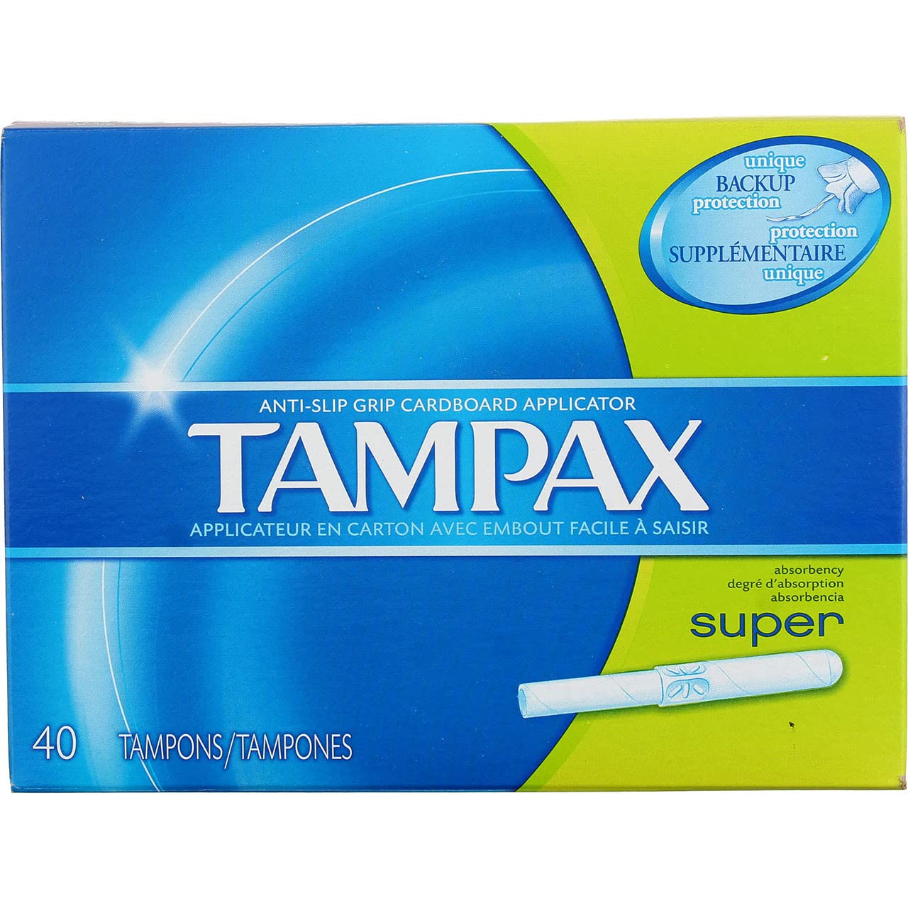 Paquete Tampax de 40 tampones con aplicador de cartón.