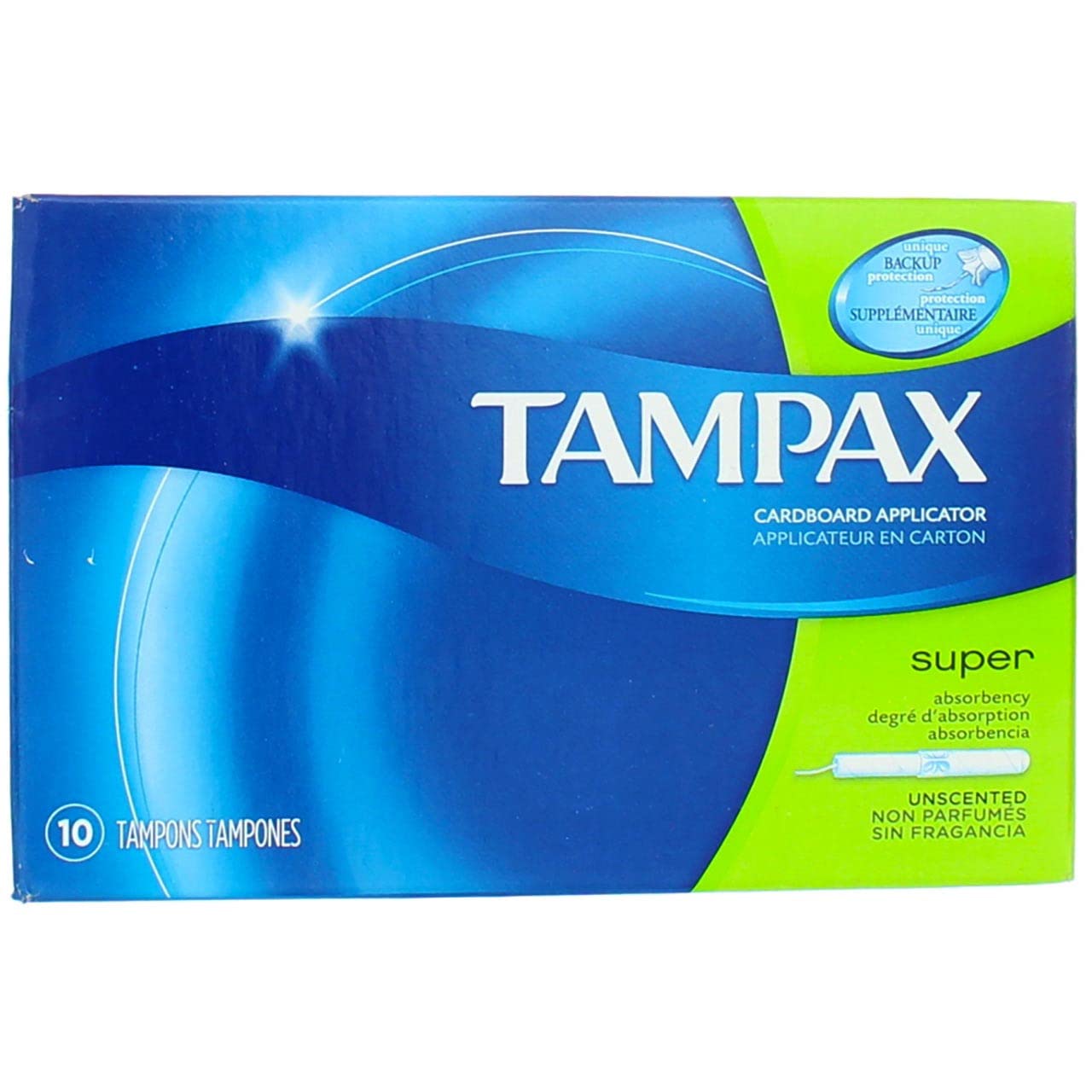 Tampax Paquete de tres tampónes Super, enfoque en la caja.