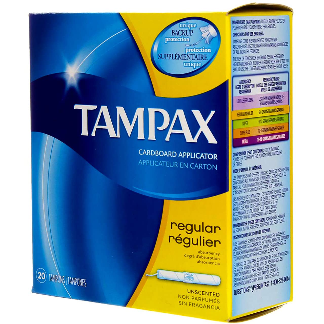 Tampax tampon regular con agarradera antideslizante para manejo seguro.