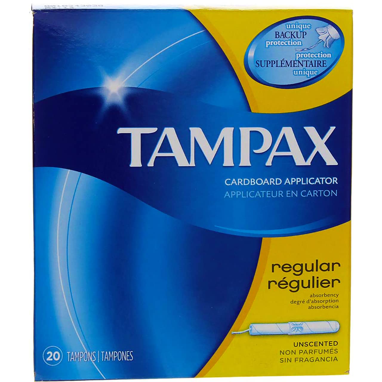 Tampax tampon regular con aplicador de cartón biodegradable para comodidad diaria.