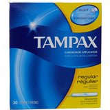 Tampax tampon regular con aplicador de cartón biodegradable para comodidad diaria.