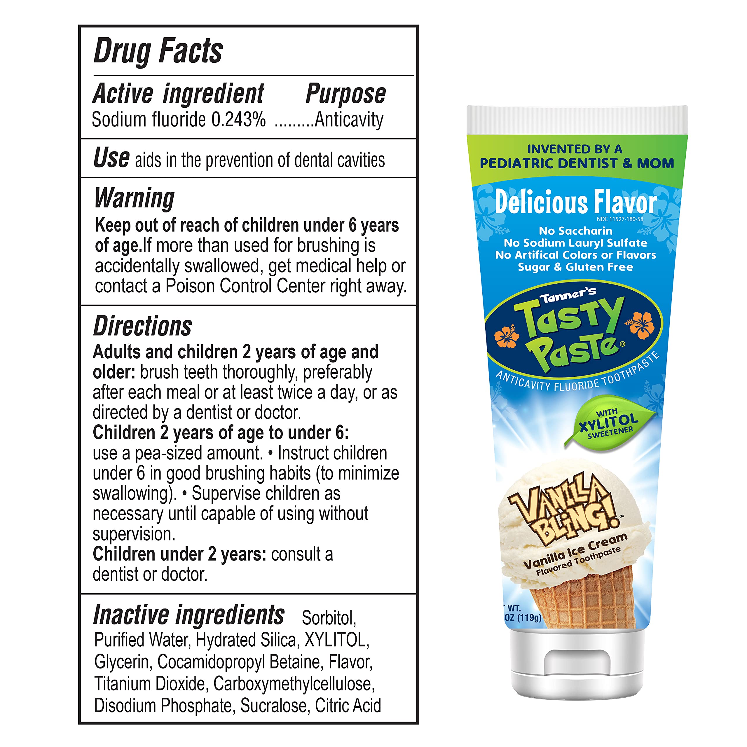 Tanner's Tasty Paste con fluoruro, protección anticaries para dientes infantiles.