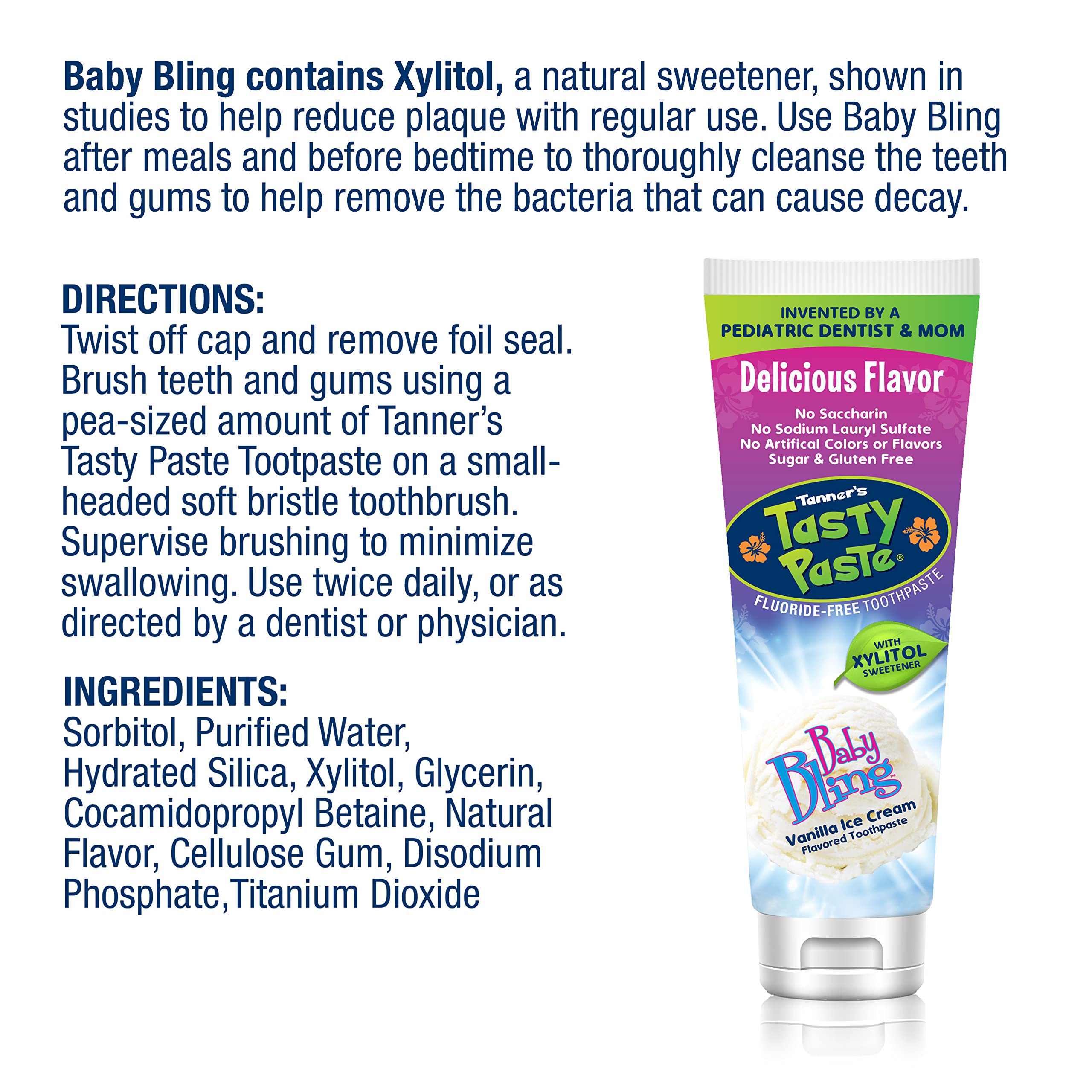 Tanner's Tasty Paste Baby Bling: niño cepillándose, sonrisa saludable gracias al sabor vainilla