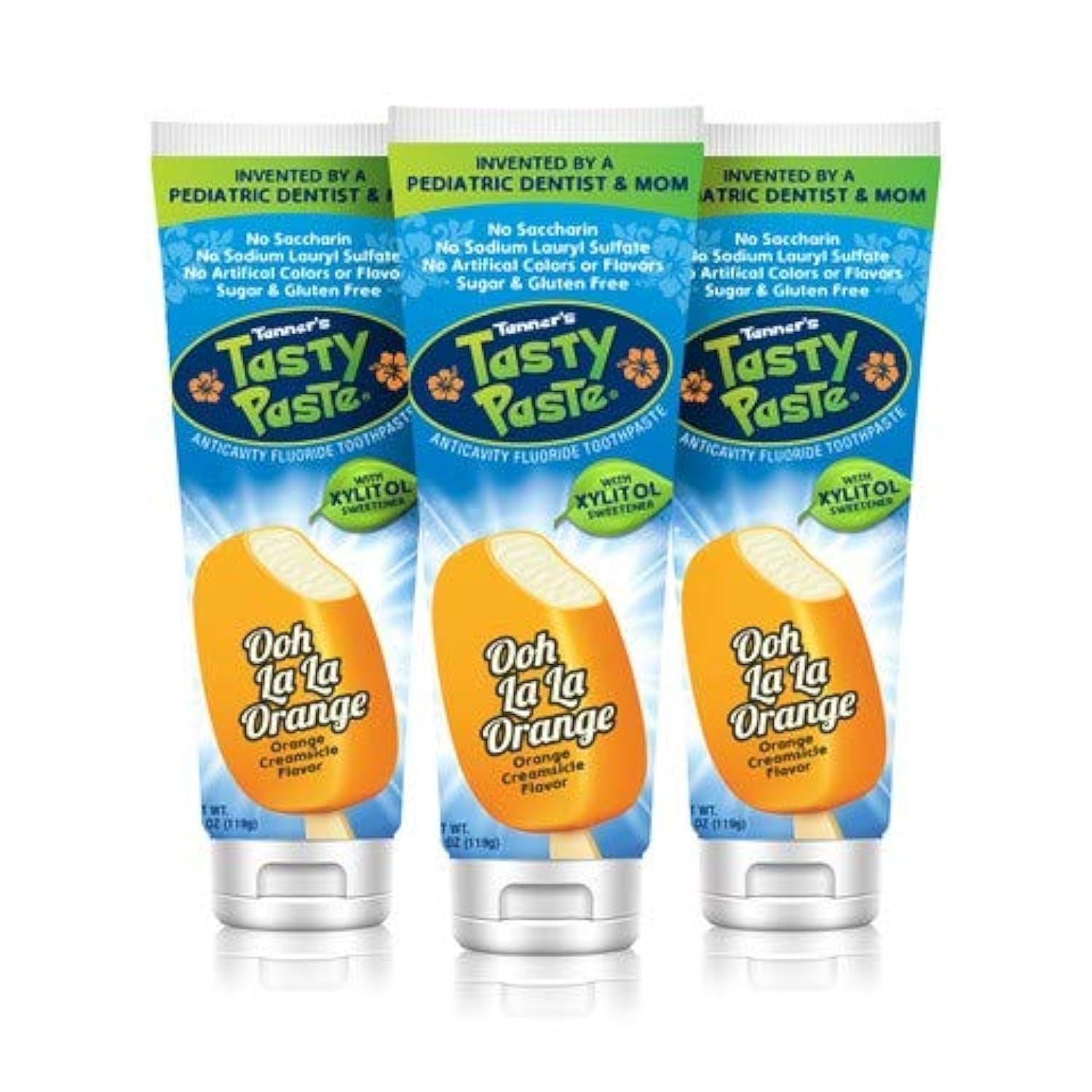 Tanner's Tasty Paste Ooh La La Naranja, embalaje atractivo para la rutina de cepillado.