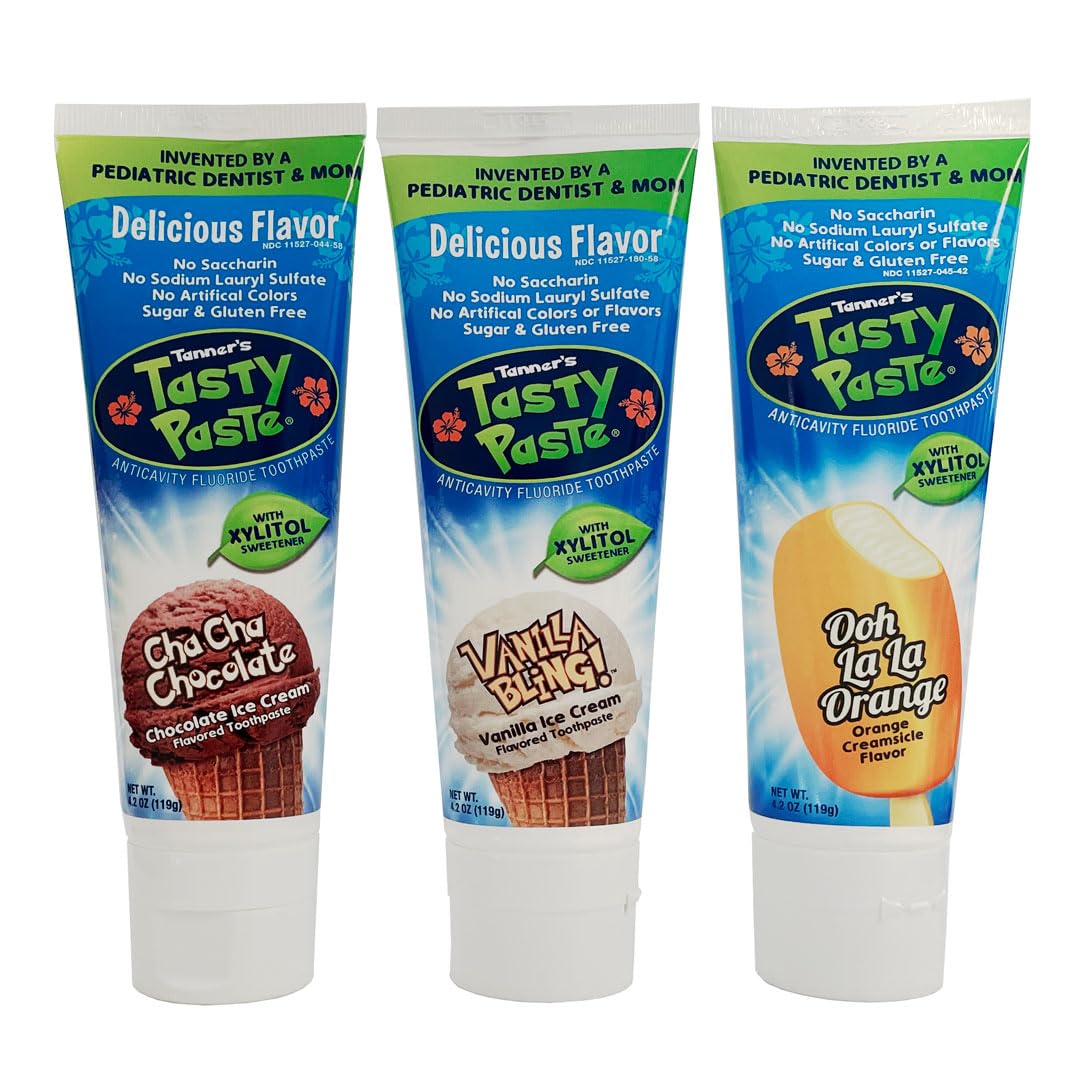 Paquete de Tanner's Tasty Paste con tres sabores para cepillado infantil