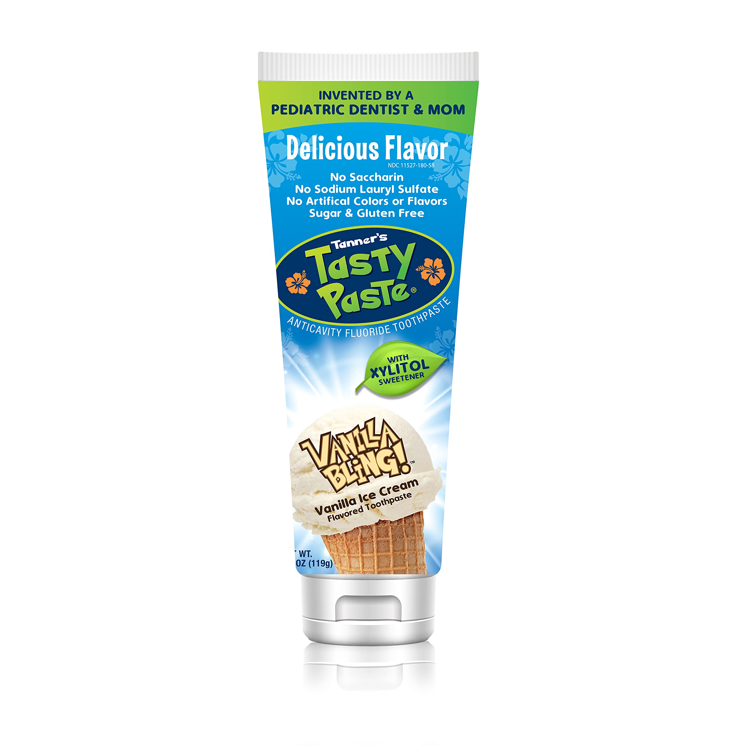 Tanner's Tasty Paste Vanilla Bling, envase infantil, sabor vainilla para cepillado agradable.