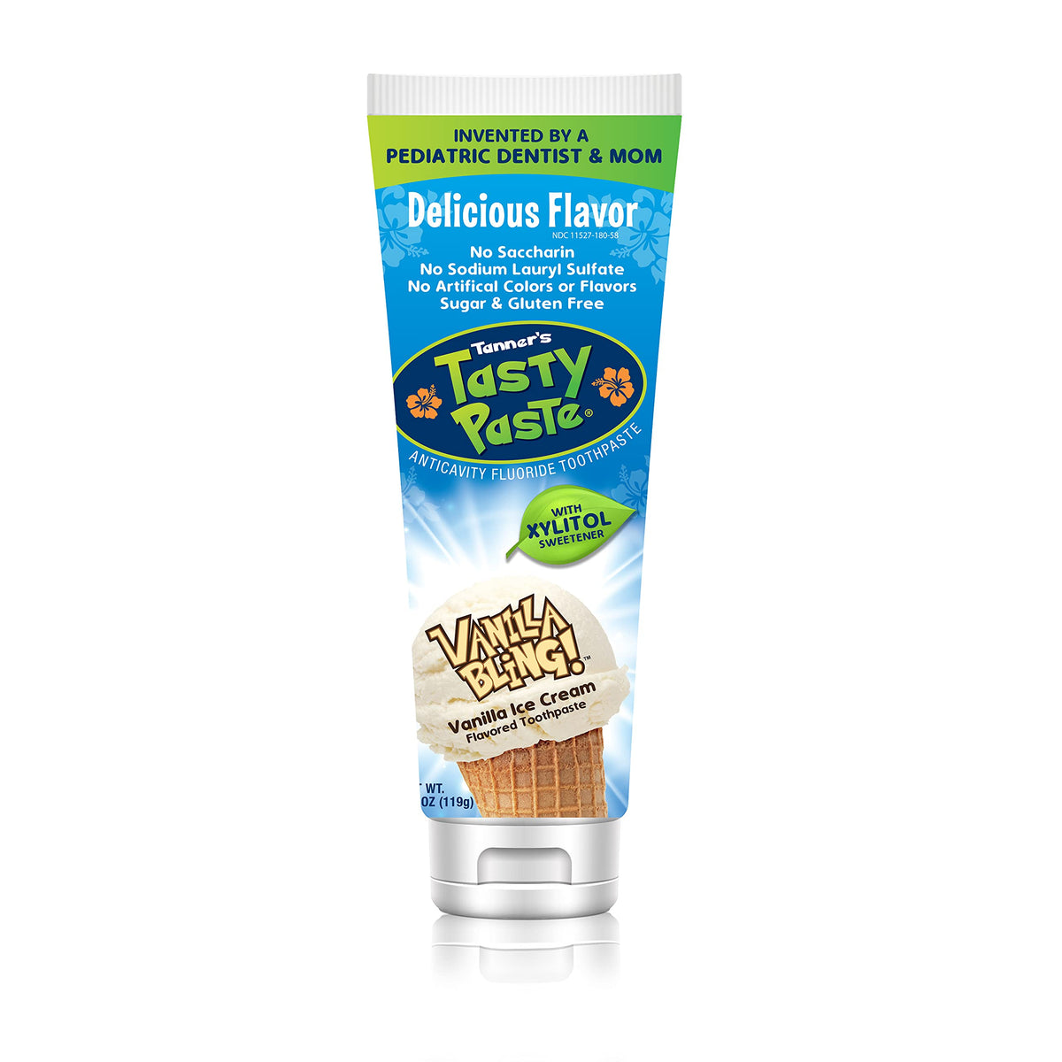 Tanner's Tasty Paste Vanilla Bling, envase infantil, sabor vainilla para cepillado agradable.