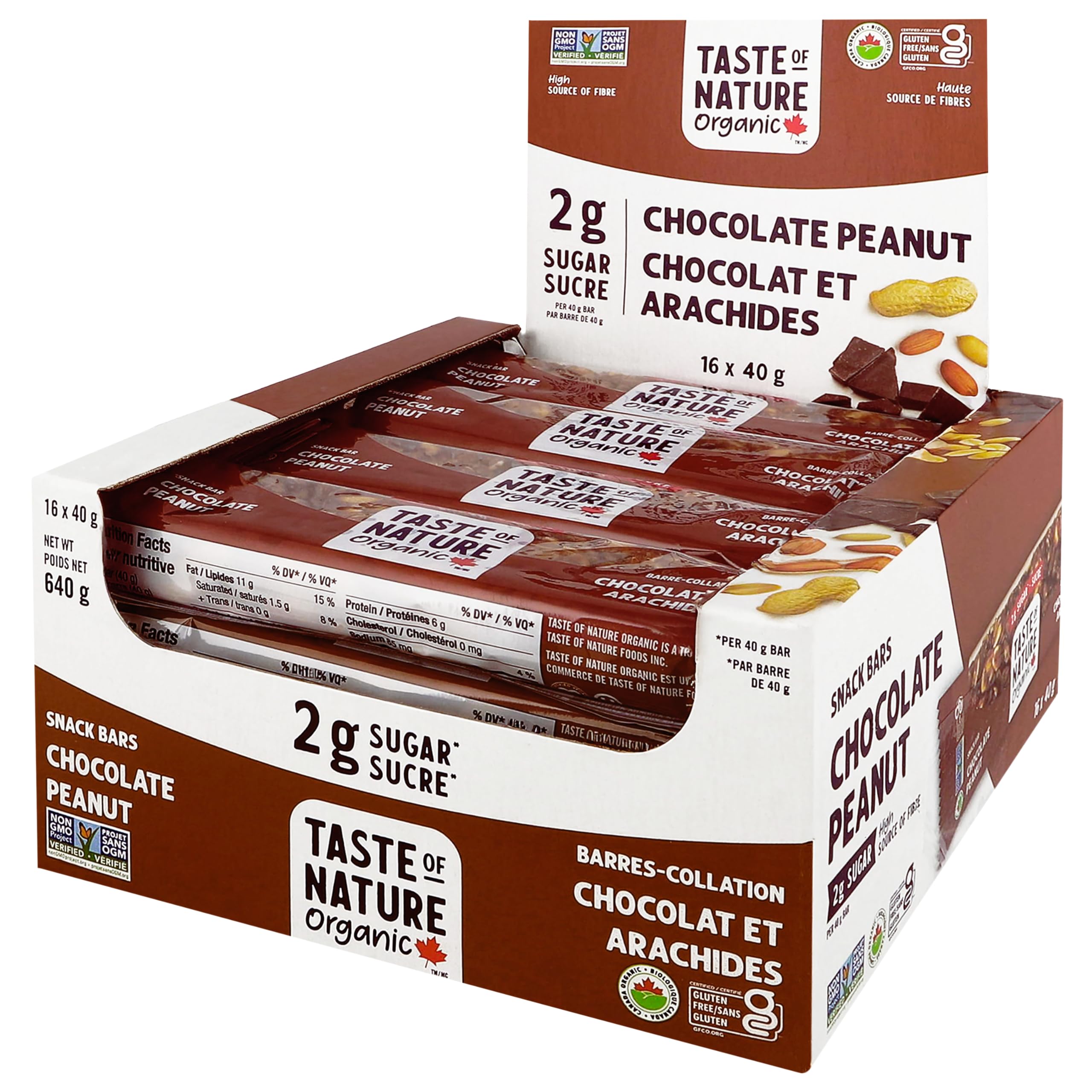Taste of Nature barra chocolate cacahuete 2 g azúcar, snack conveniente y equilibrado para el día.