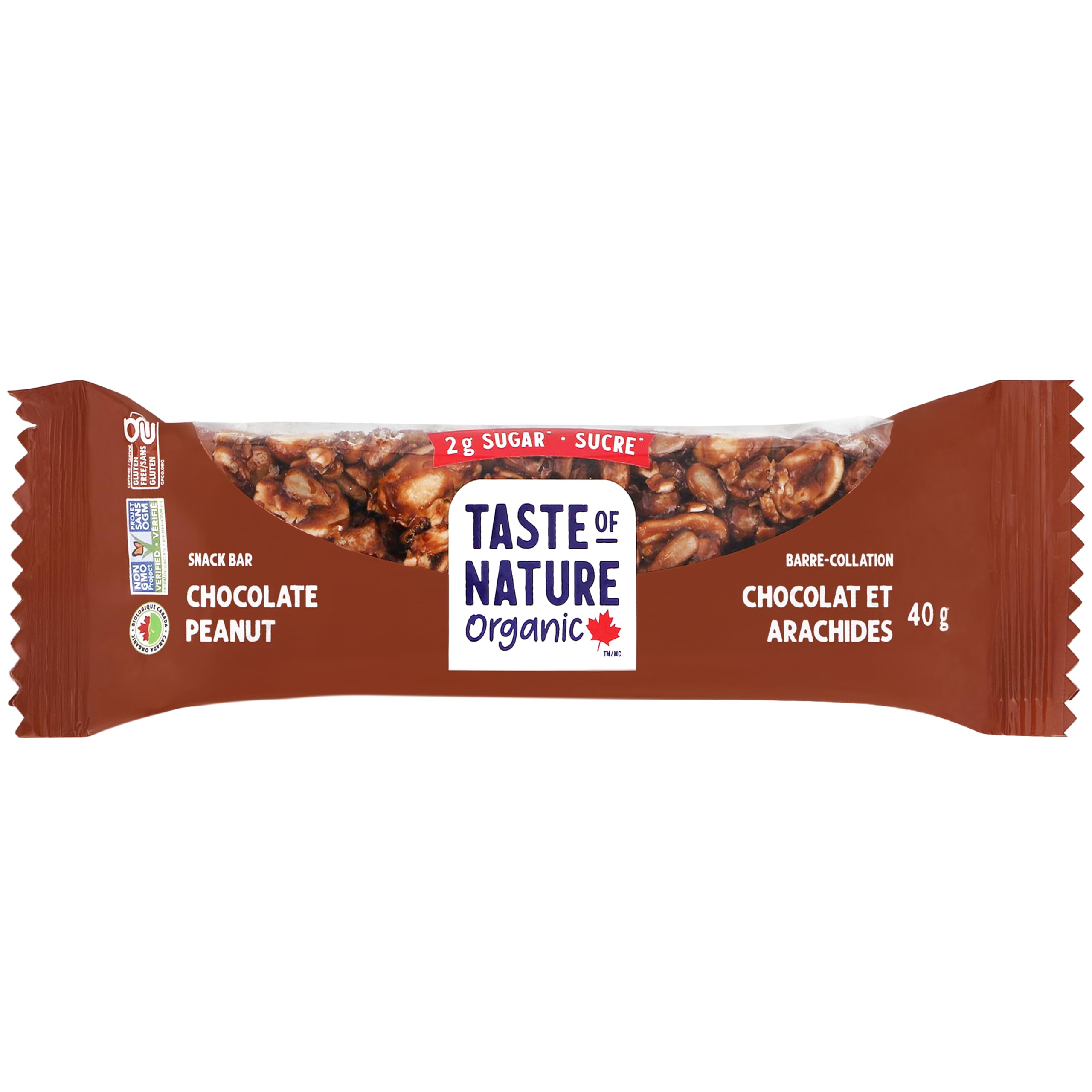 Taste of Nature barra chocolate cacahuete arroz crujiente de grano entero, textura satisfactoria.
