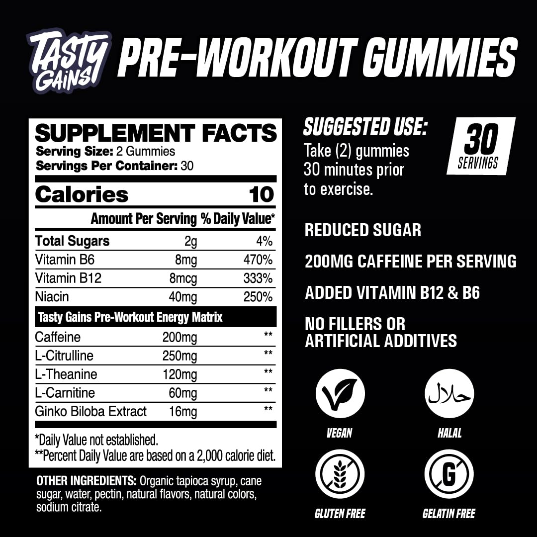 Detalle de presentación de TASTY GAINS, porciones convenientes para entrenamientos rápidos.
