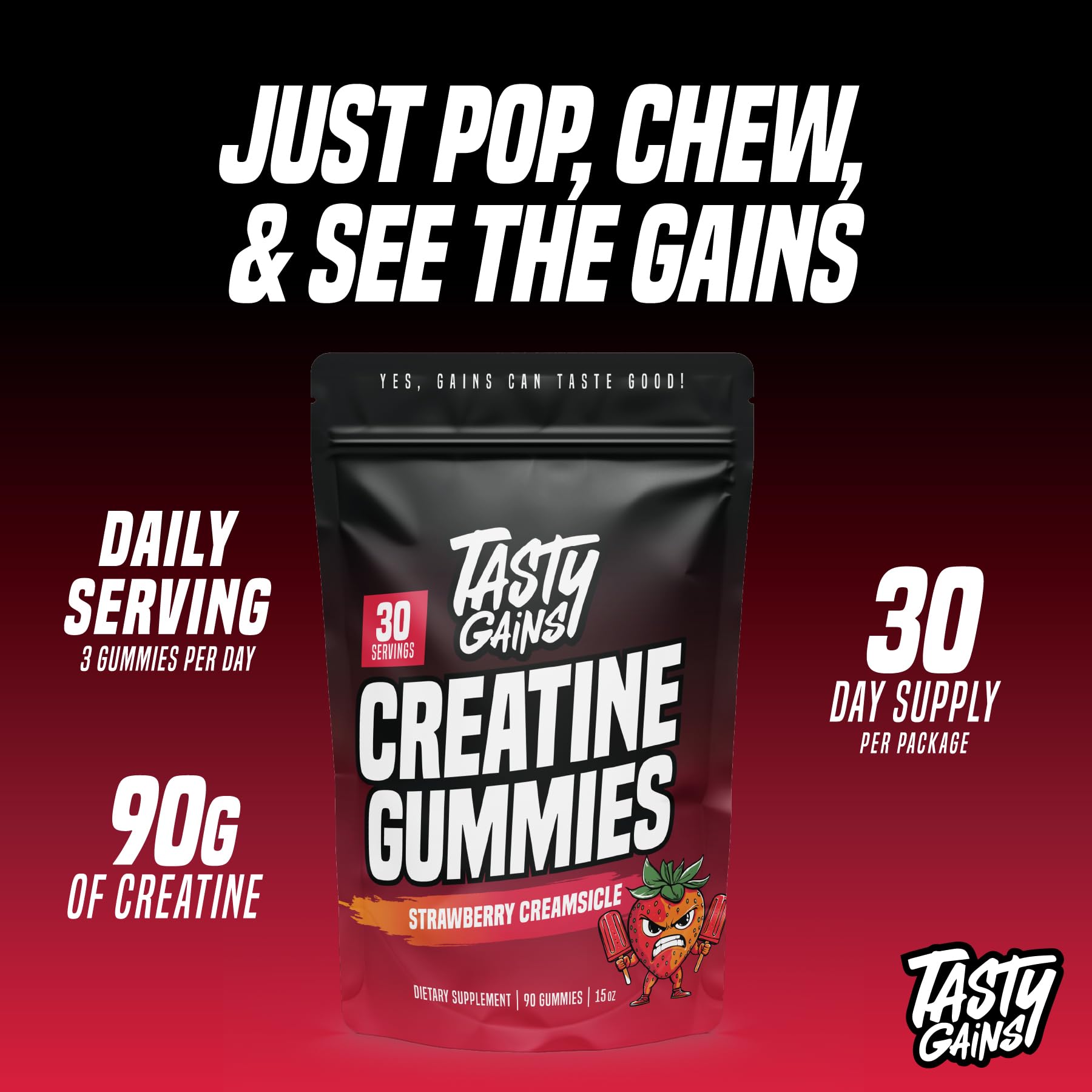Envase de 90 g de TASTY GAINS para entrenamiento diario.