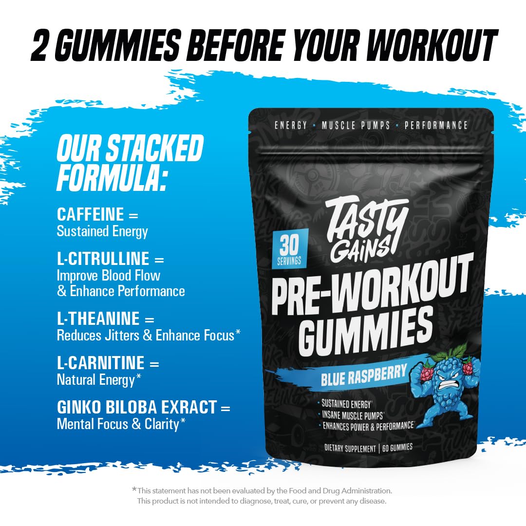 Envase abierto de TASTY GAINS mostrando gomitas, fácil para tomar en el gimnasio.