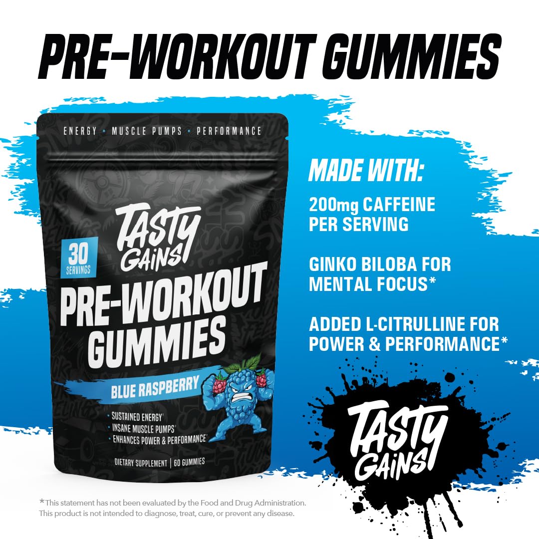 Etiqueta frontal de TASTY GAINS en gomitas, muestra ingredientes clave y B6/B12.