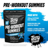 Etiqueta frontal de TASTY GAINS en gomitas, muestra ingredientes clave y B6/B12.