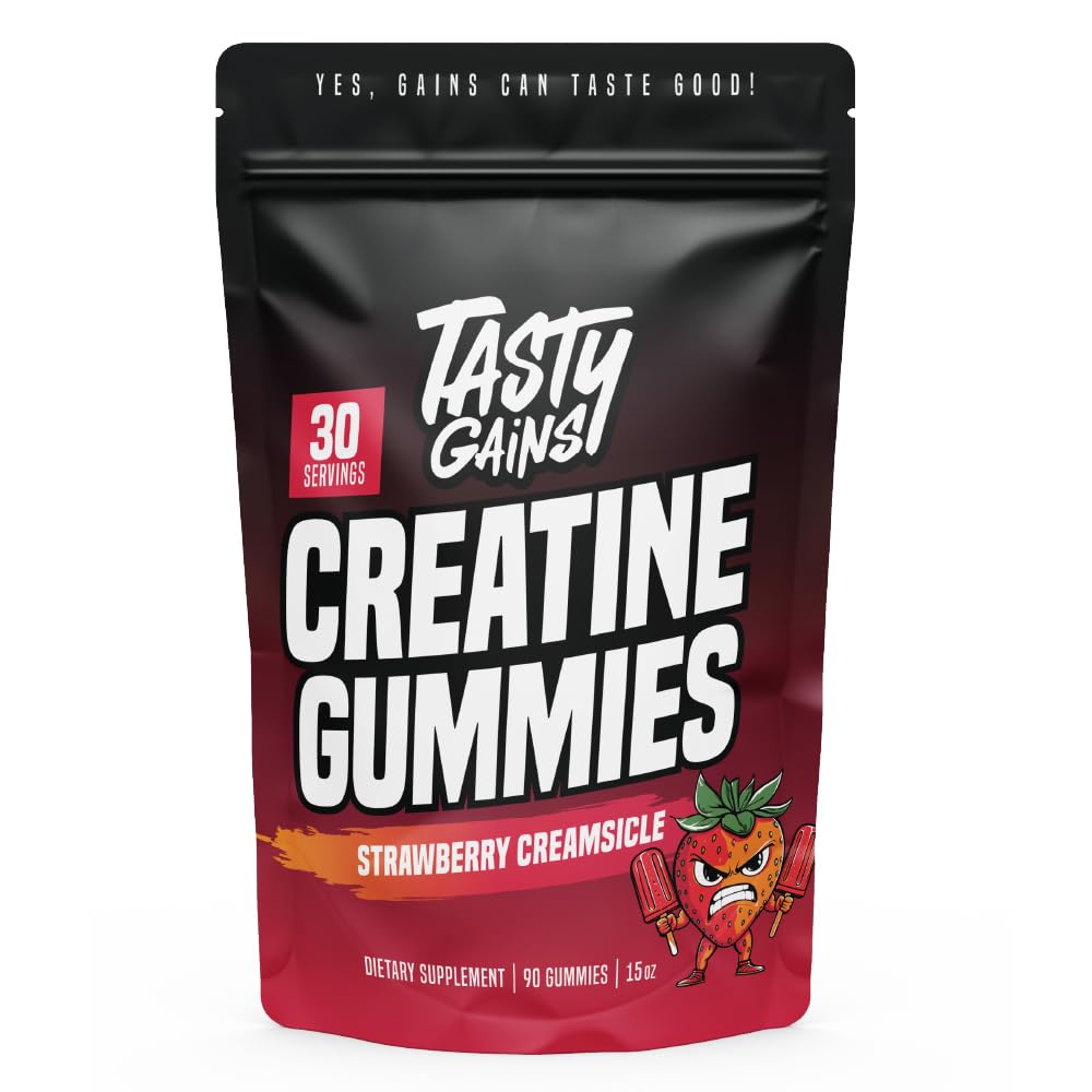 Gominolas de TASTY GAINS con creatina monohidrato sabor fresa crema, energía para entrenar.