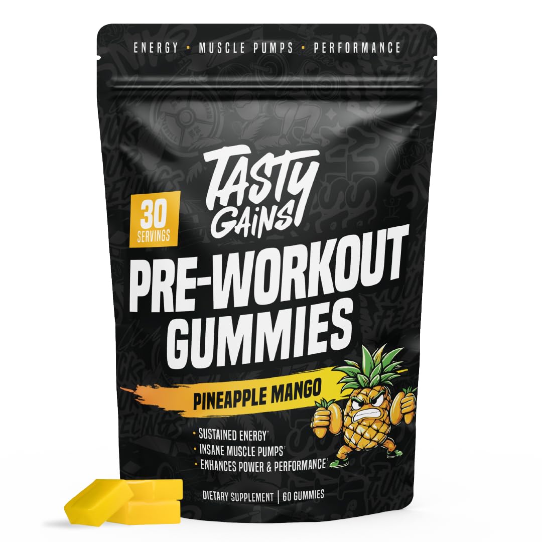 Gomitas de preentrenamiento TASTY GAINS, sabor piña-mango, empaque visible para energía sostenida.