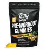 Gomitas de preentrenamiento TASTY GAINS, sabor piña-mango, empaque visible para energía sostenida.