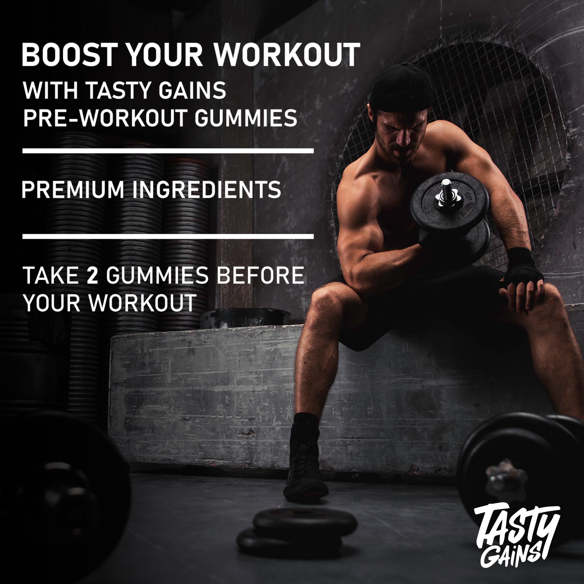 Usuario entrenando con gomitas TASTY GAINS listas para consumo rápido.