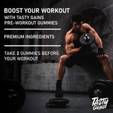 Usuario entrenando con gomitas TASTY GAINS listas para consumo rápido.
