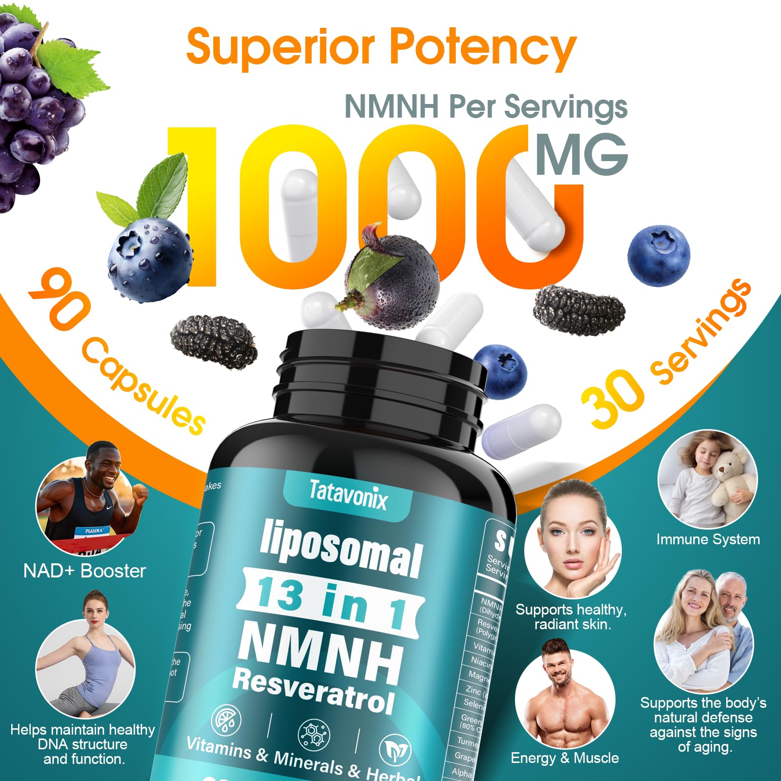 Tatavonix NMNH, botella trasera, etiqueta con ingredientes clave para bienestar celular.