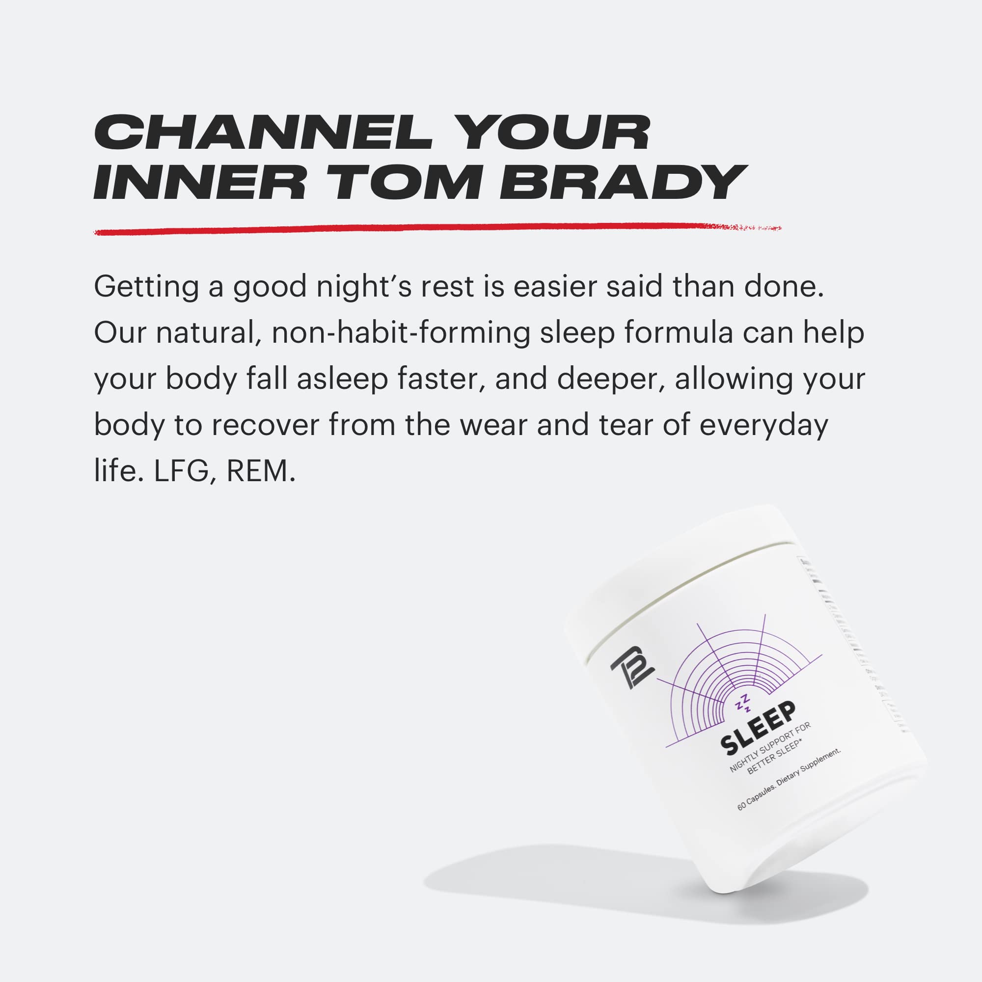 TB12 Sleep: empaque muestra indicaciones y beneficios para la rutina nocturna.