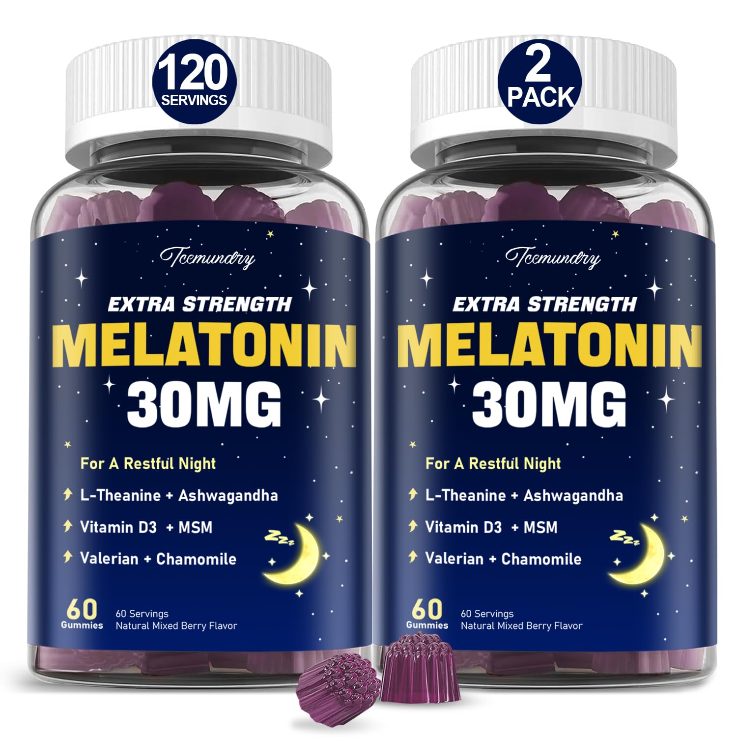 Gomitas de melatonina Tcemundry en botella para una noche tranquila.