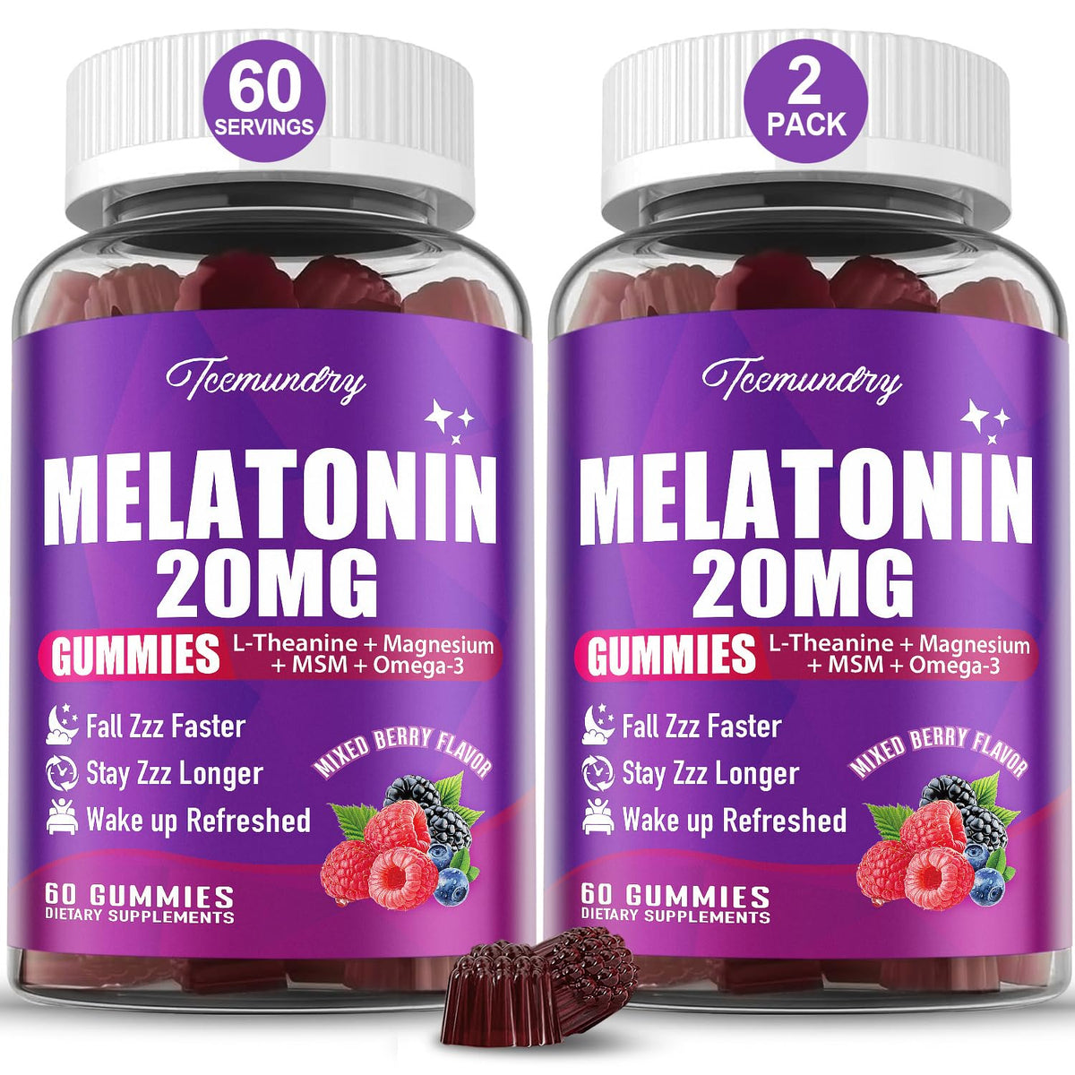 Gominolas de Melatonina 20 mg de Tcemundry en botella para noche más tranquila.