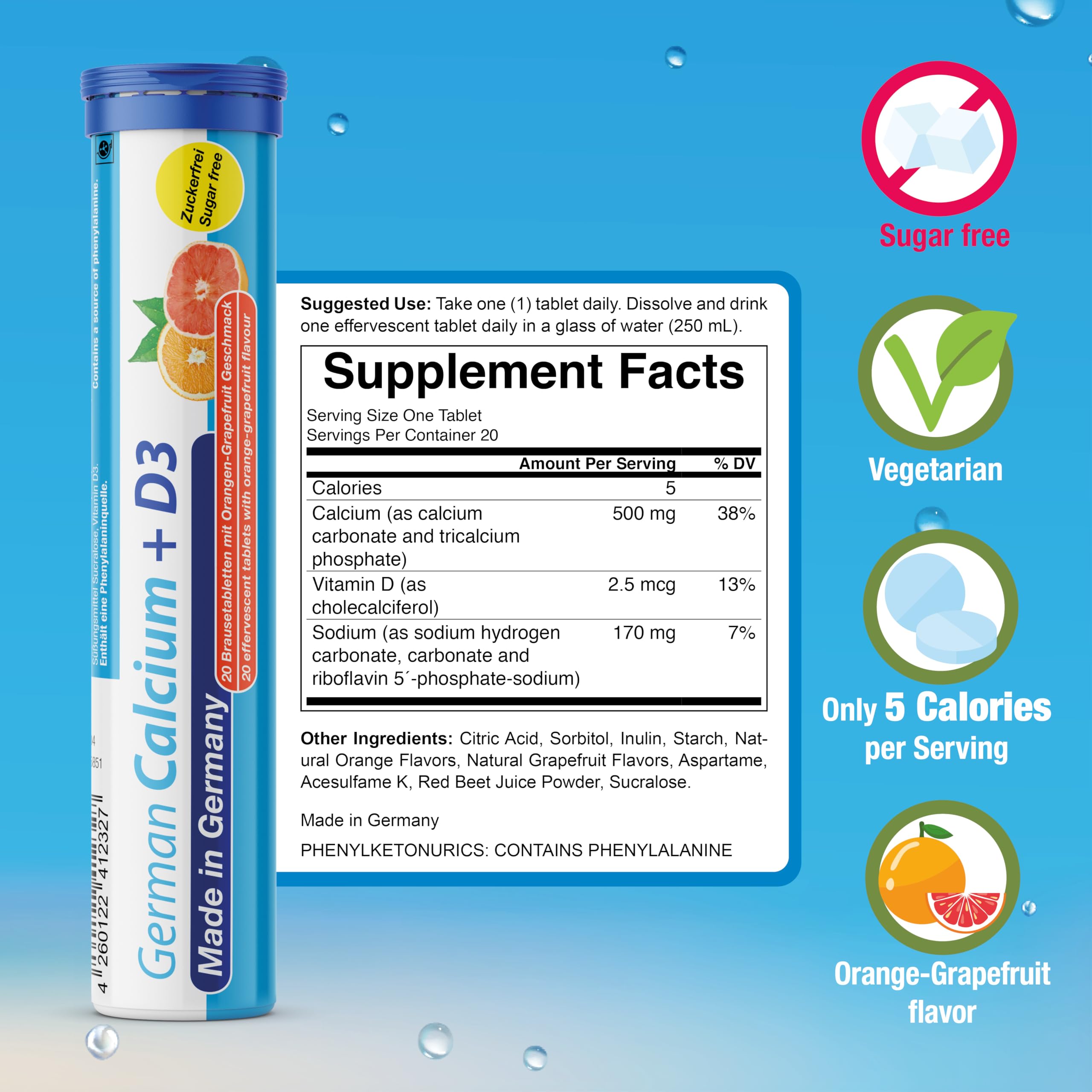 T&D German Calcium + D, tableta disuelta en agua para bebida rápida