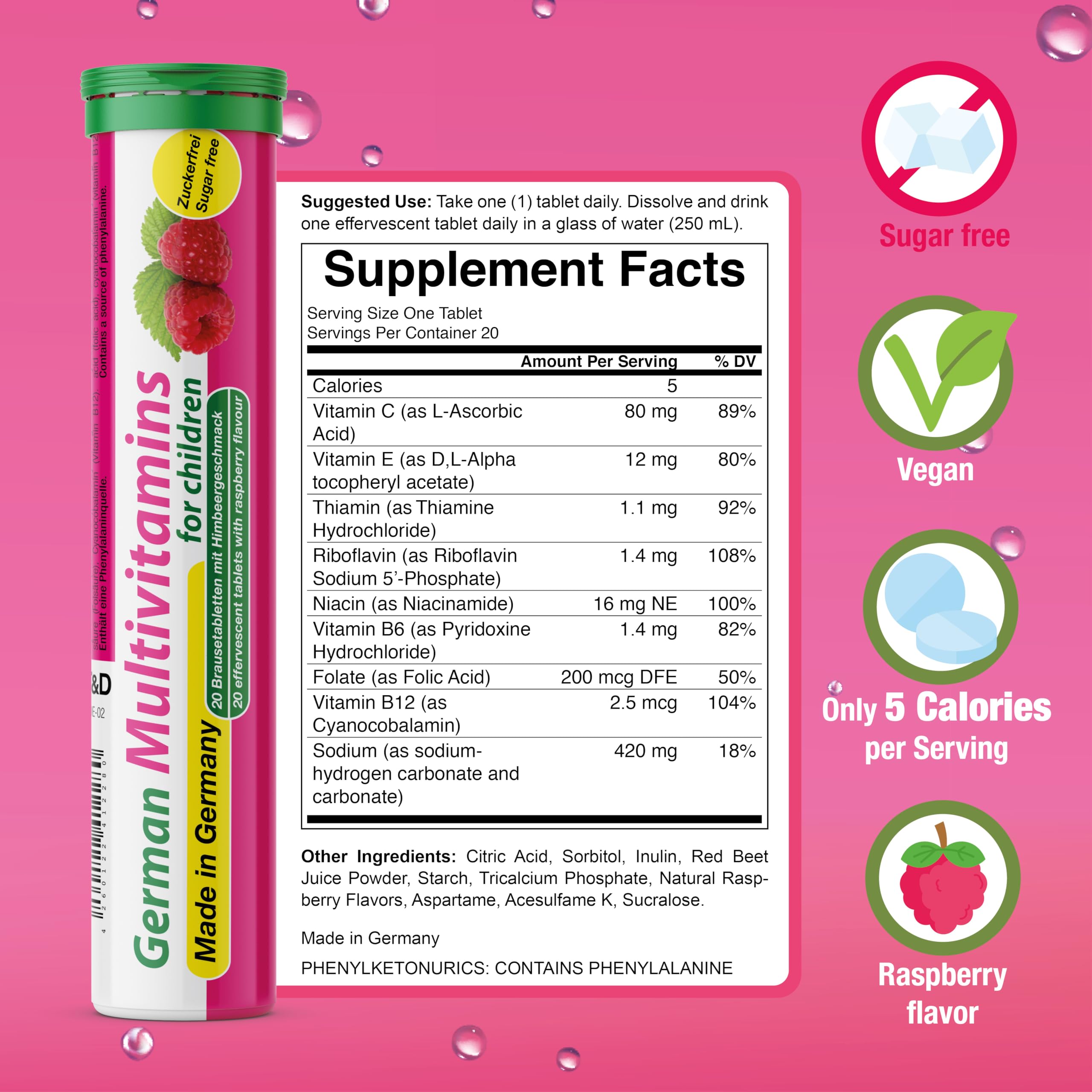 T&D Multivitamin niños disolución en agua con sabor frambuesa.