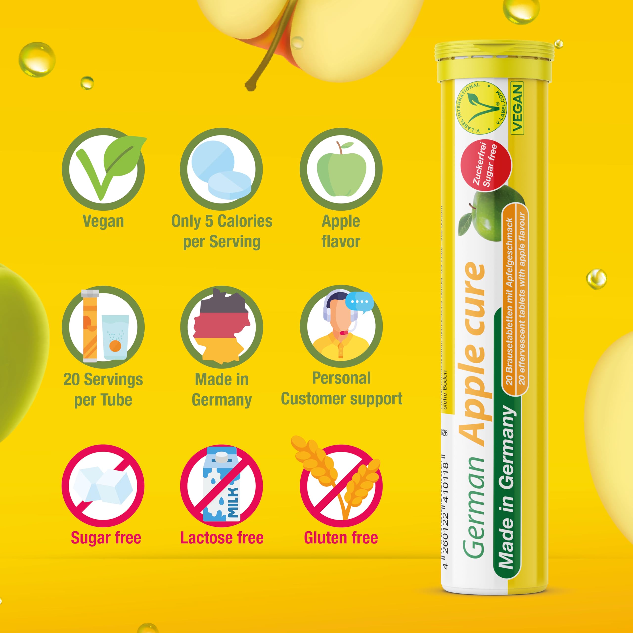 Sabor manzana suave, apto vegano y bajo calorías