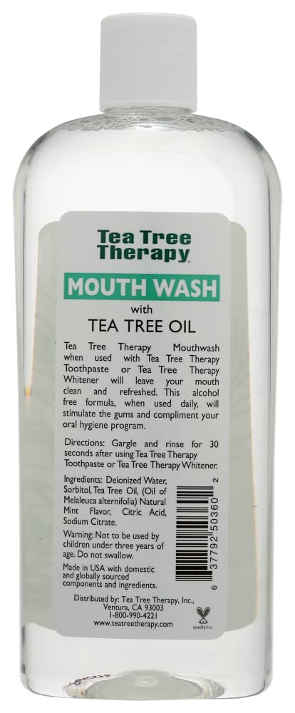 Tea Tree Therapy enjuague bucal, etiqueta mentolada y aroma fresco para uso diario.