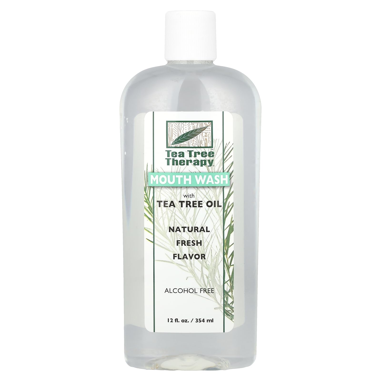 Tea Tree Therapy enjuague bucal sin alcohol 12 oz, vista frontal del envase, para uso diario