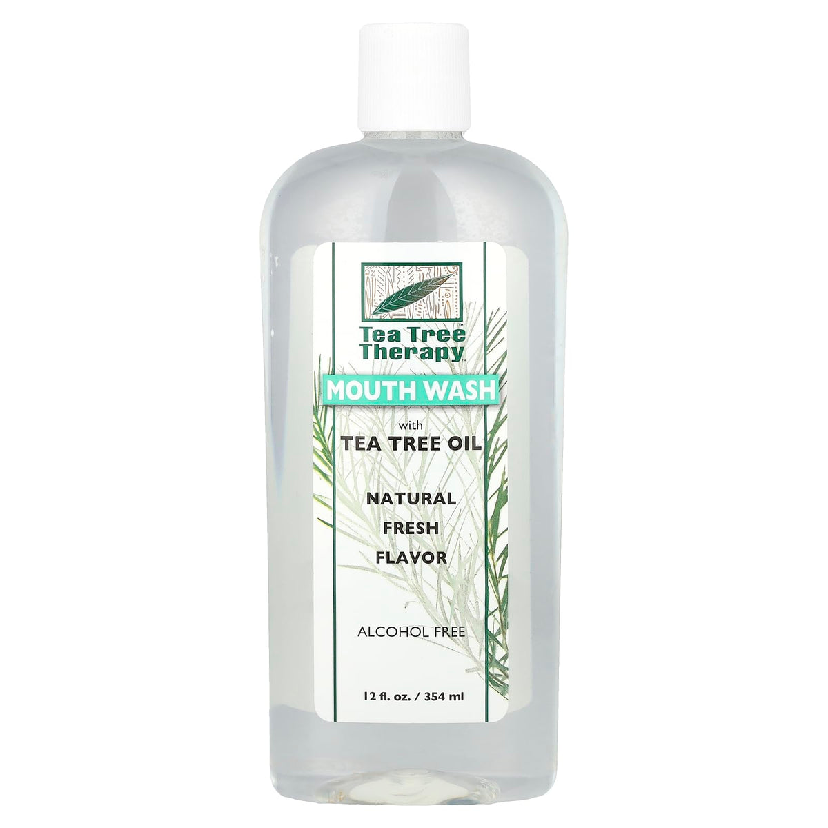 Tea Tree Therapy enjuague bucal sin alcohol 12 oz, vista frontal del envase, para uso diario