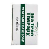 Tea Tree Therapy jabón barra base veg, etiqueta clara que resalta ingredientes premium.