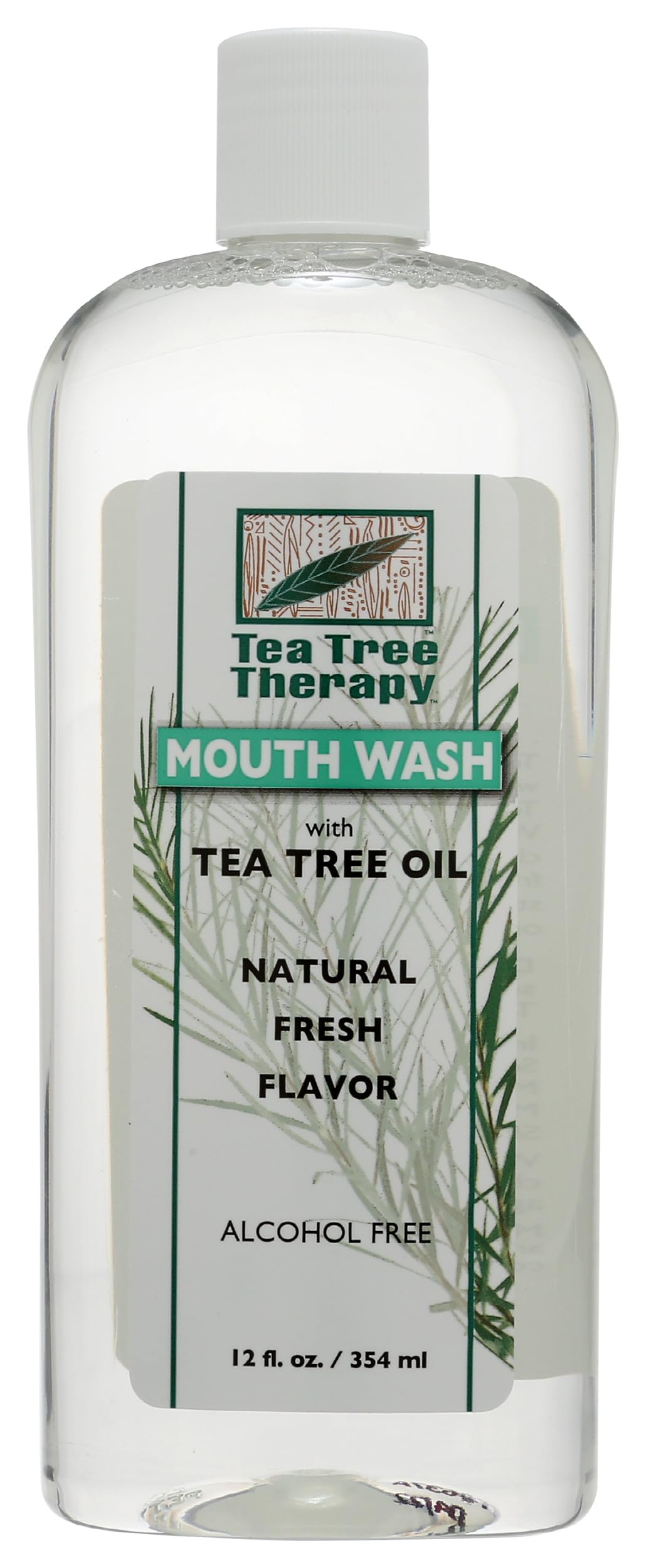 Tea Tree Therapy Mouthwash, botella de 12 oz con etiqueta clara para aliento fresco diario.