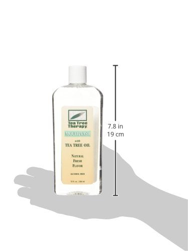 Tea Tree Therapy Mouthwash, etiqueta visible sin alcohol para uso diario.